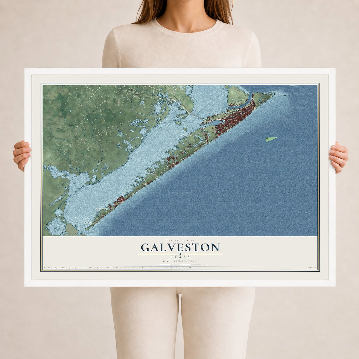 Map of Galveston, Texas, 24 x 36 inch print in a white wood frame