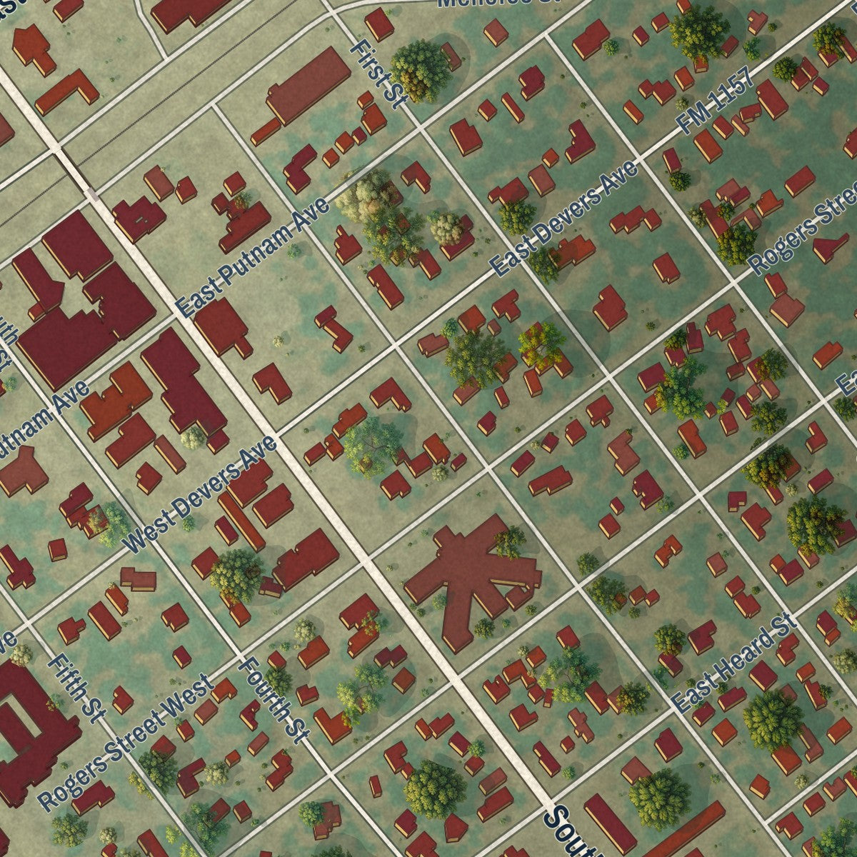 Close-up of the map of Ganado, Texas print showing street and building detail
