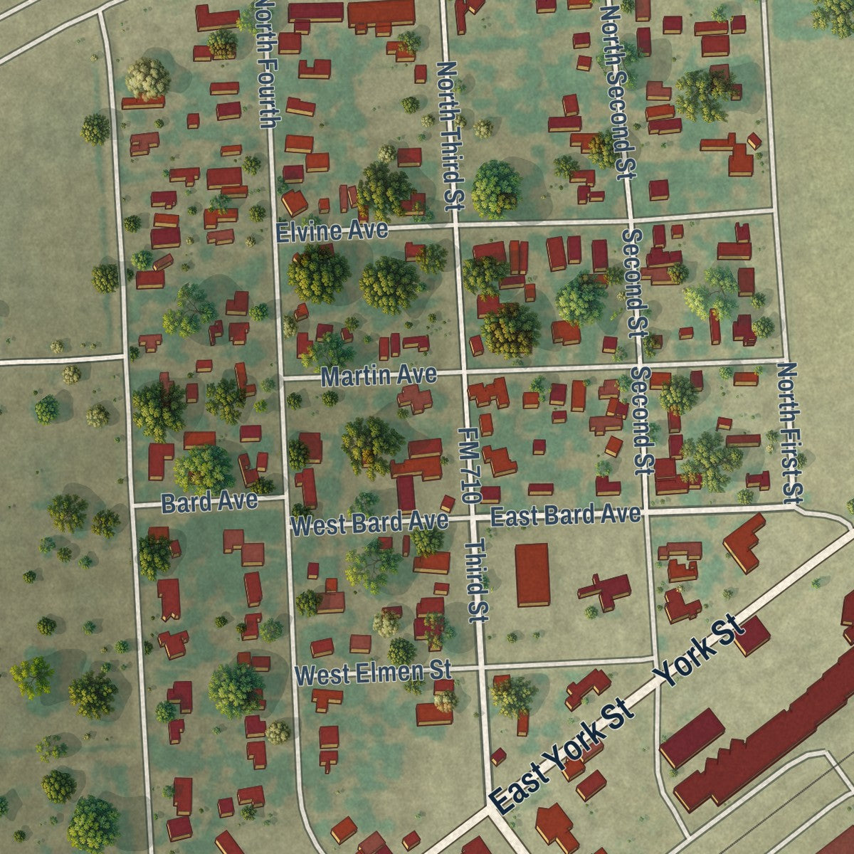 Second close-up of the map of Ganado, Texas print showing more streets and buildings