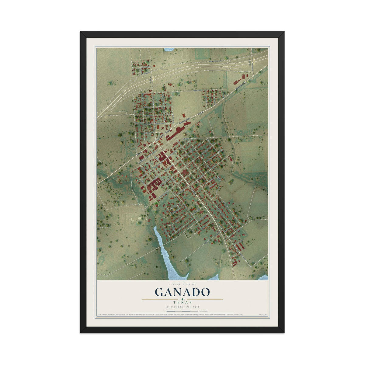 Map of Ganado, Texas, 12 x 18 inch print in a black wood frame