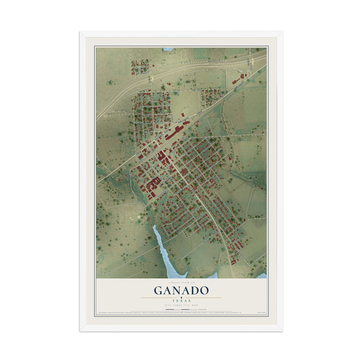 Map of Ganado, Texas, 12 x 18 inch print in a white wood frame