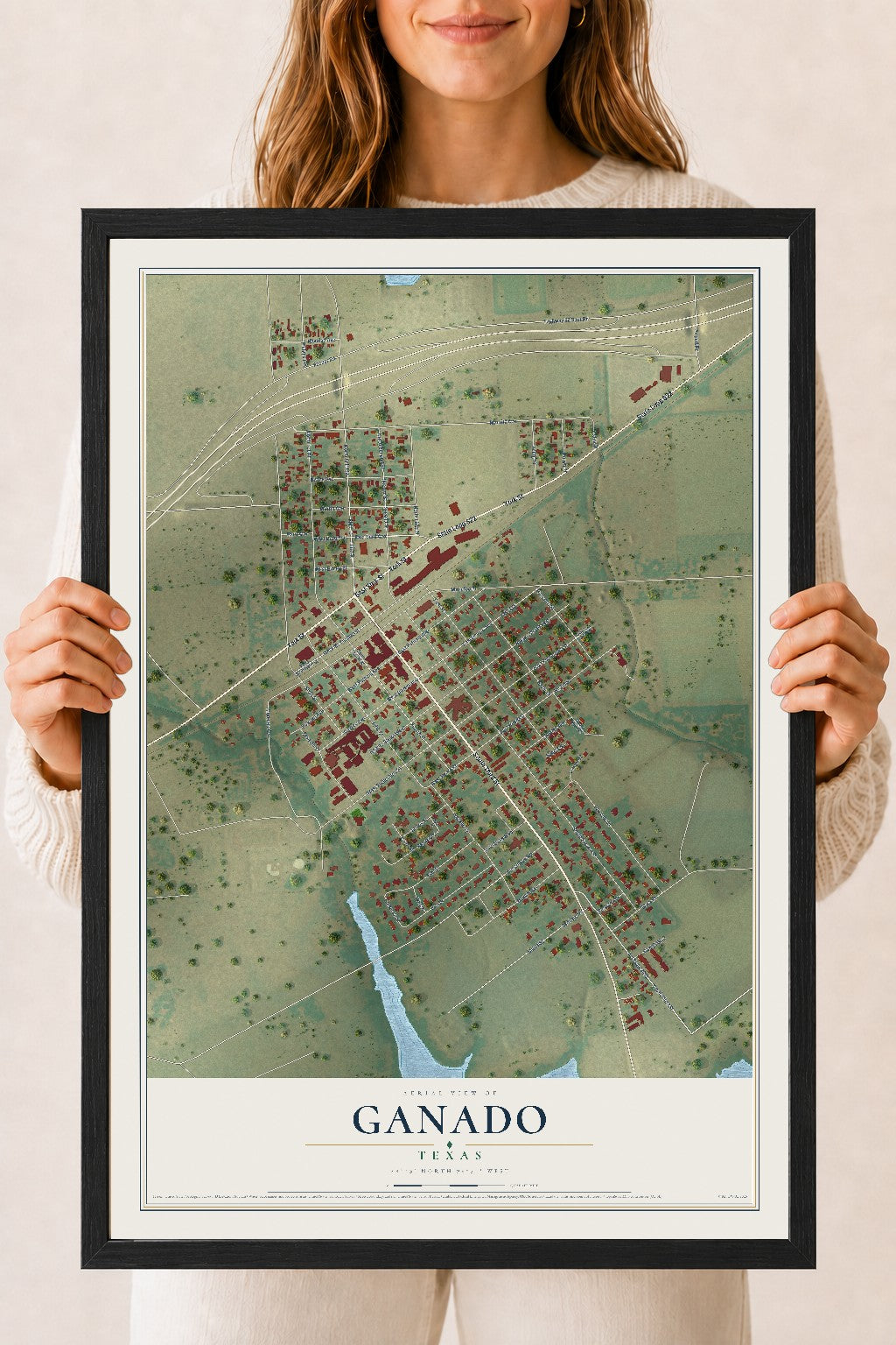 Map of Ganado, Texas, 18 x 24 inch print in a black wood frame