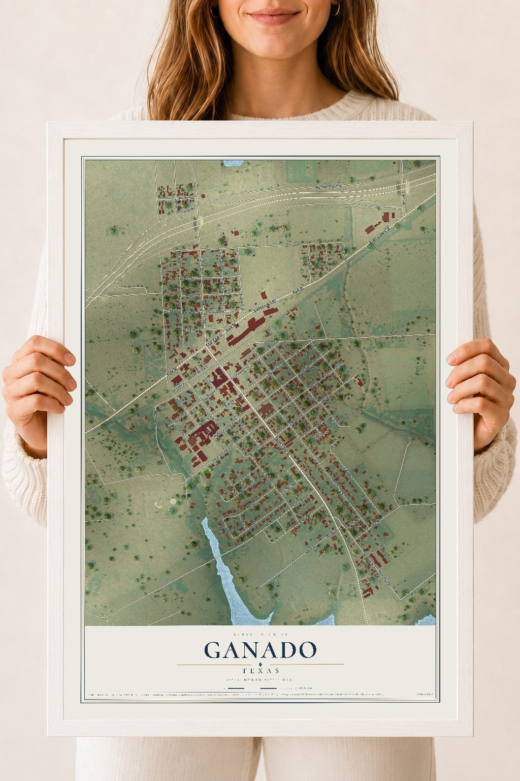 Map of Ganado, Texas, 18 x 24 inch print in a white wood frame