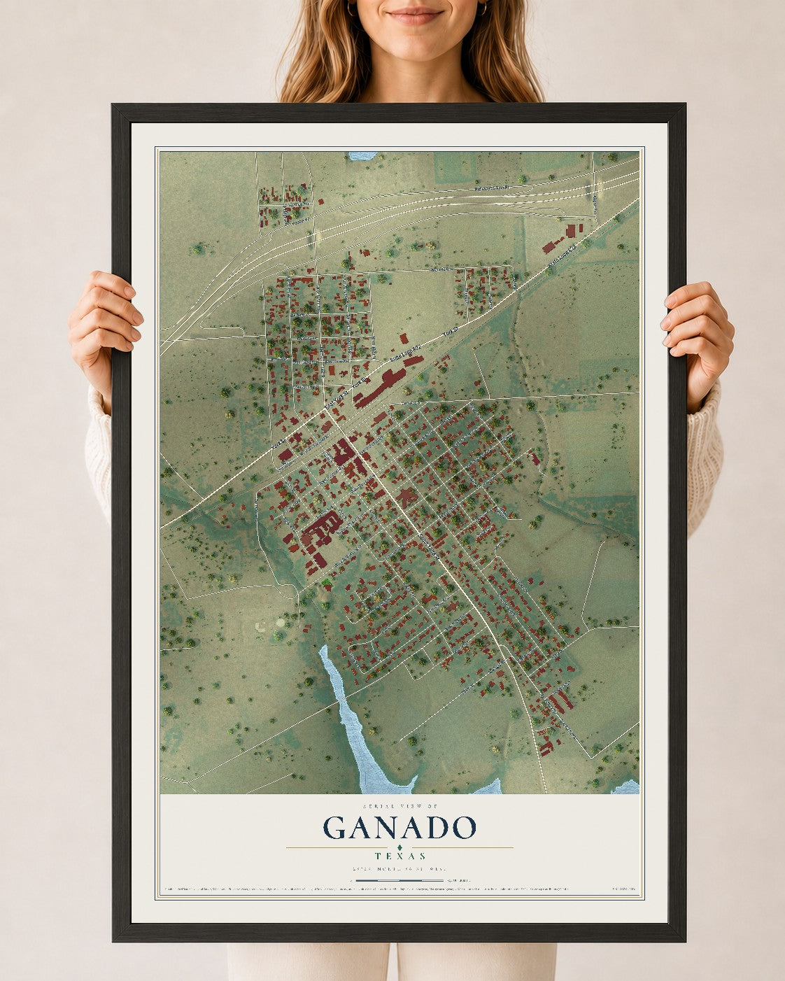 Map of Ganado, Texas, 24 x 36 inch print in a black wood frame