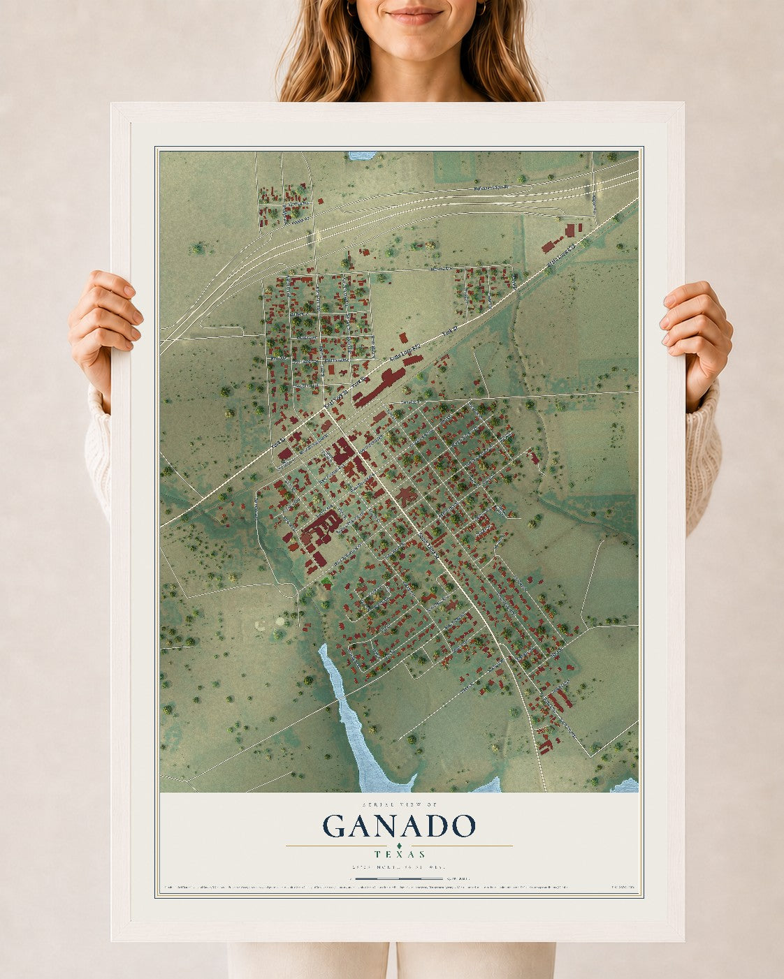 Map of Ganado, Texas, 24 x 36 inch print in a white wood frame