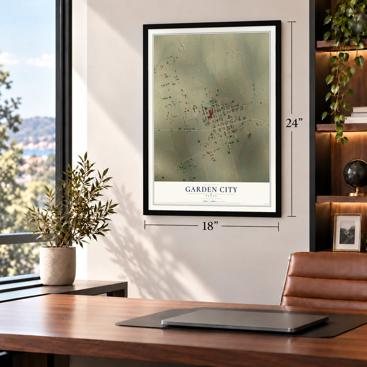 Garden City, Texas map, 18 x 24 inch print in a black frame in a home office