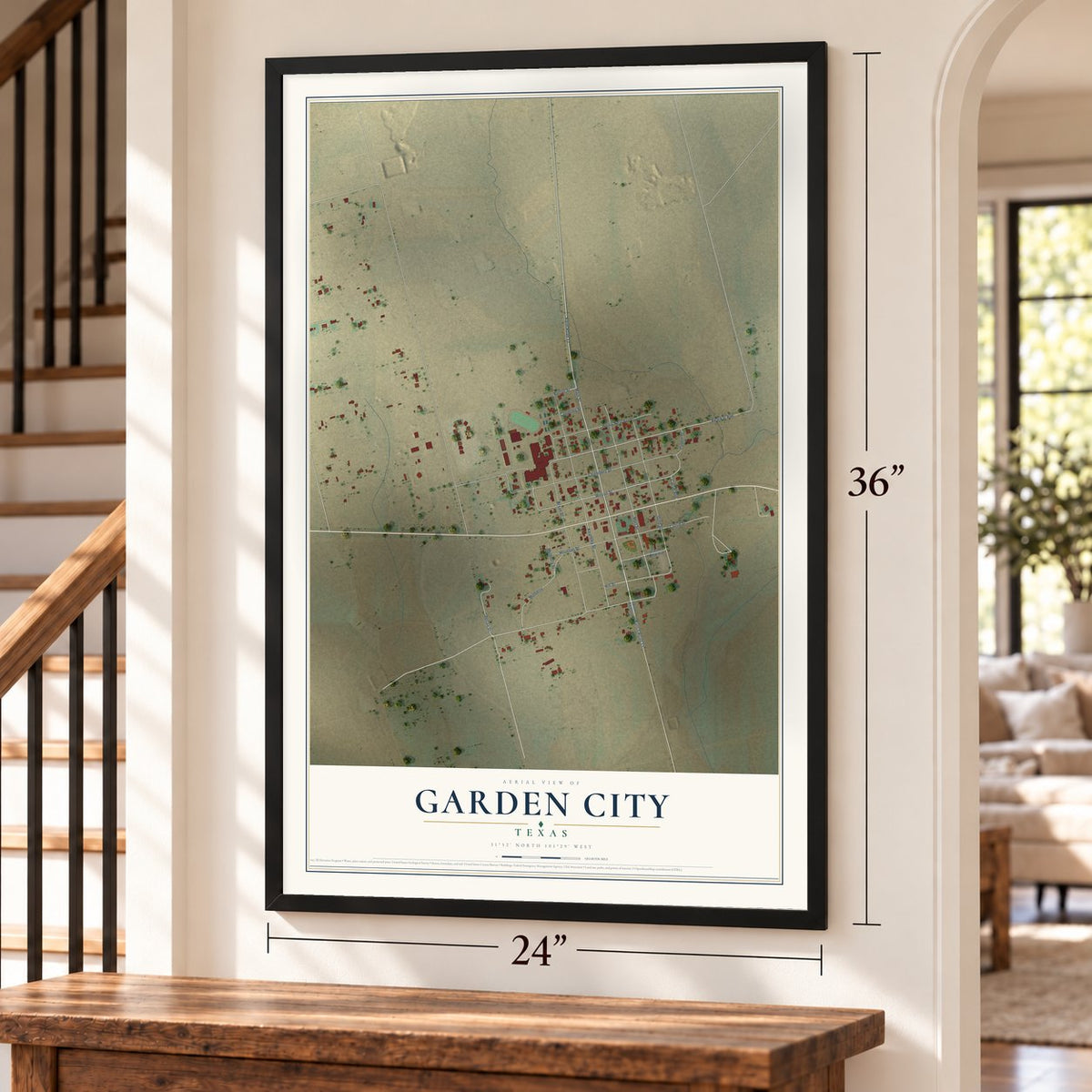 Garden City, Texas map, 24 x 36 inch print in a black frame by a staircase