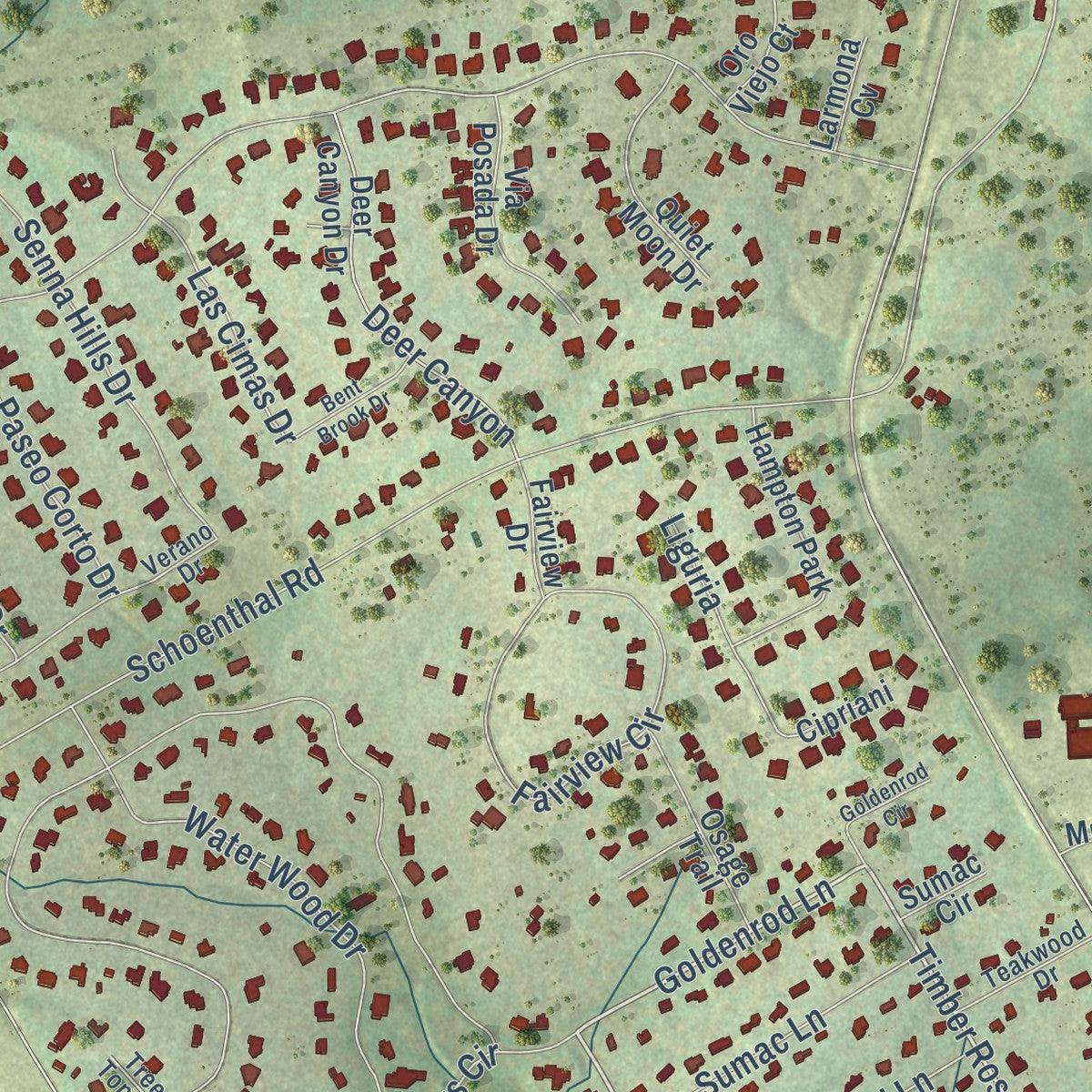 Close-up of the map of Garden Ridge, Texas print showing street and building detail