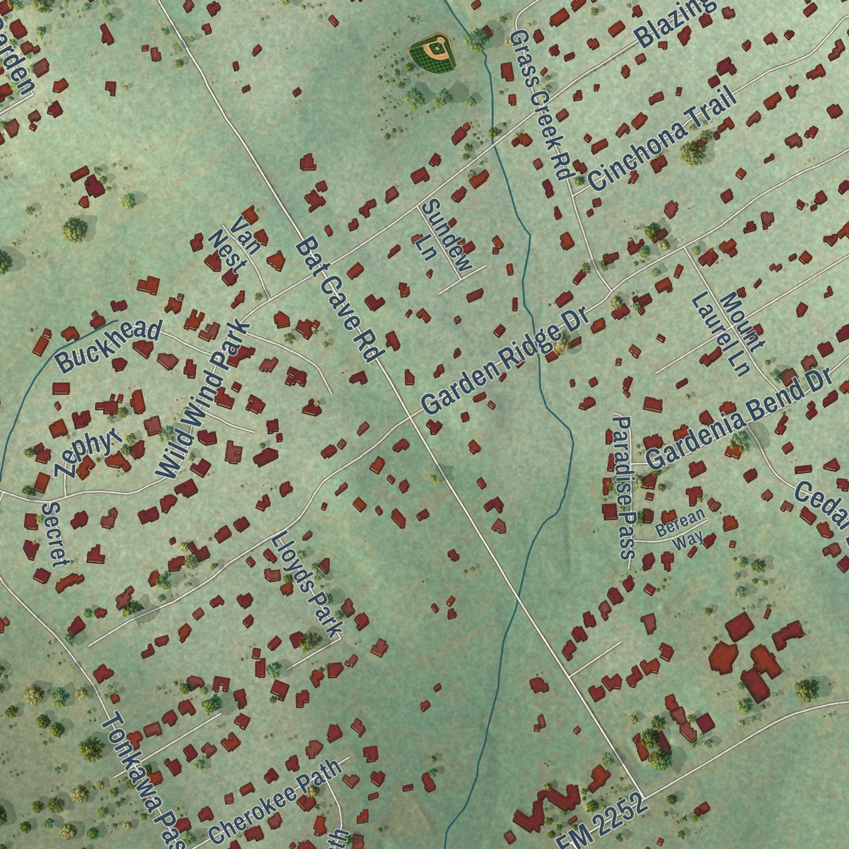 Second close-up of the map of Garden Ridge, Texas print showing more streets and buildings