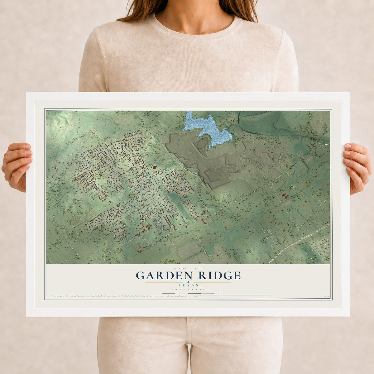 Map of Garden Ridge, Texas, 12 x 18 inch print in a white wood frame