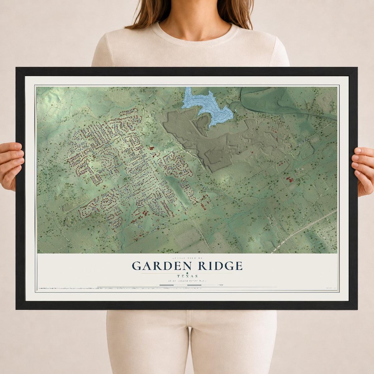 Map of Garden Ridge, Texas, 18 x 24 inch print in a black wood frame