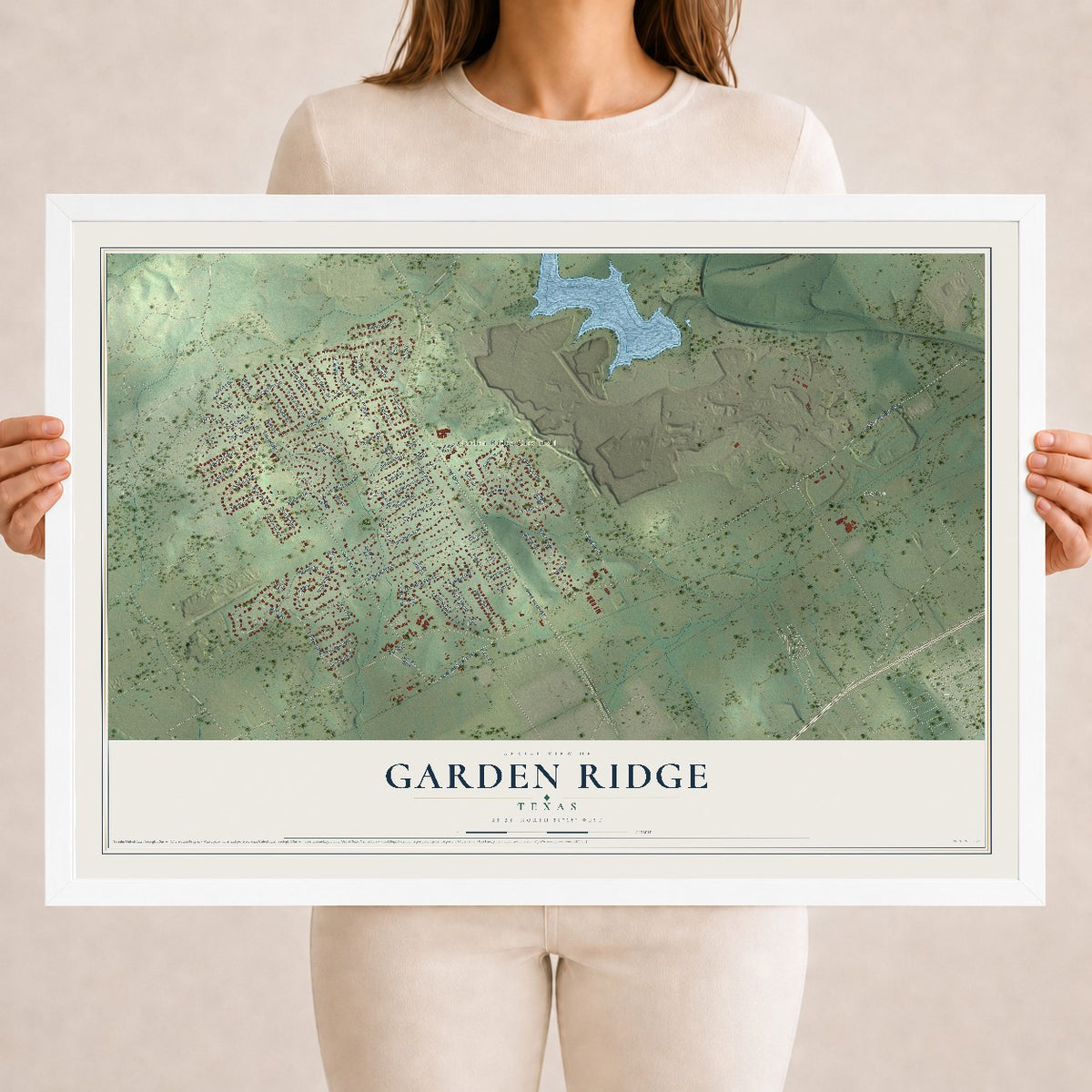 Map of Garden Ridge, Texas, 18 x 24 inch print in a white wood frame
