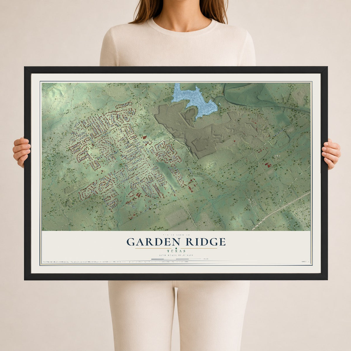Map of Garden Ridge, Texas, 24 x 36 inch print in a black wood frame