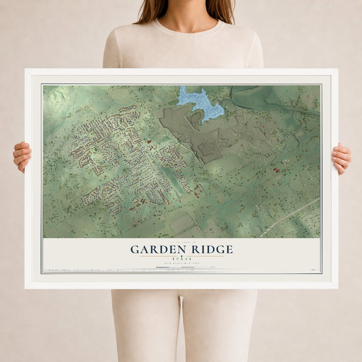 Map of Garden Ridge, Texas, 24 x 36 inch print in a white wood frame