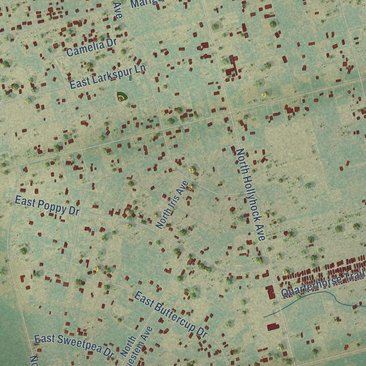 Close-up of the map of Gardendale, Texas print showing street and building detail