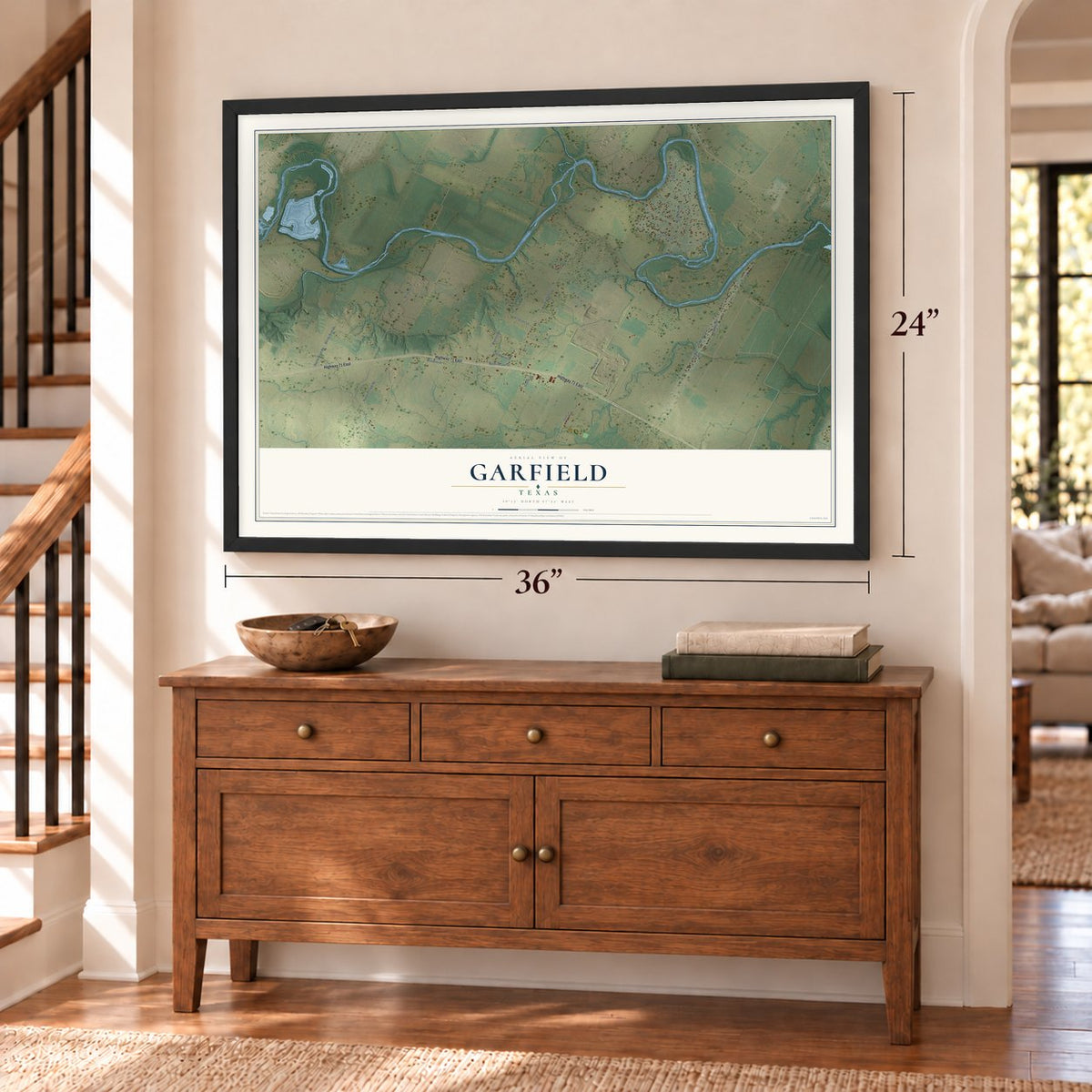 Garfield, Texas map, 24 x 36 inch print in a black frame above a dresser by a staircase