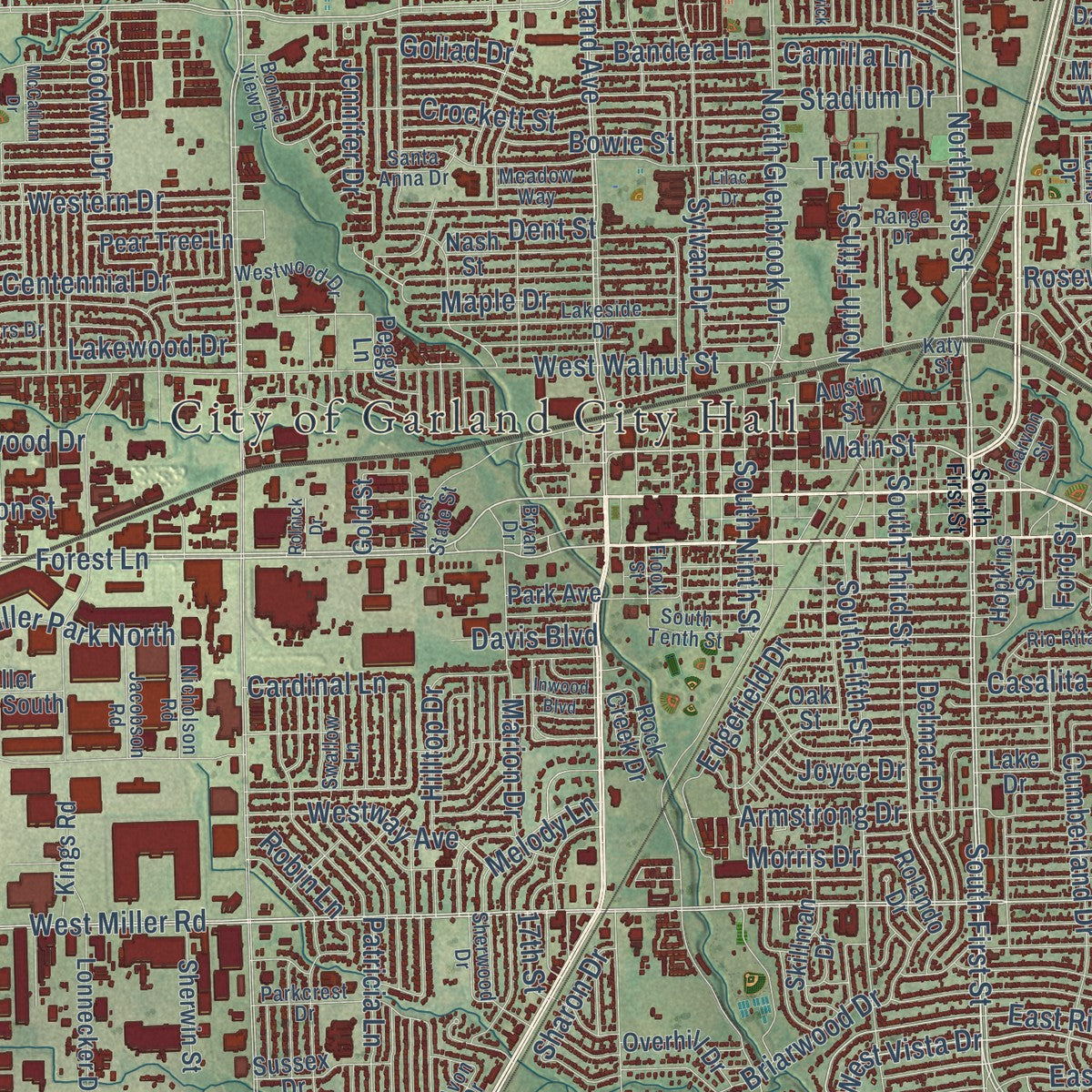 Close-up of the map of Garland, Texas print showing street and building detail