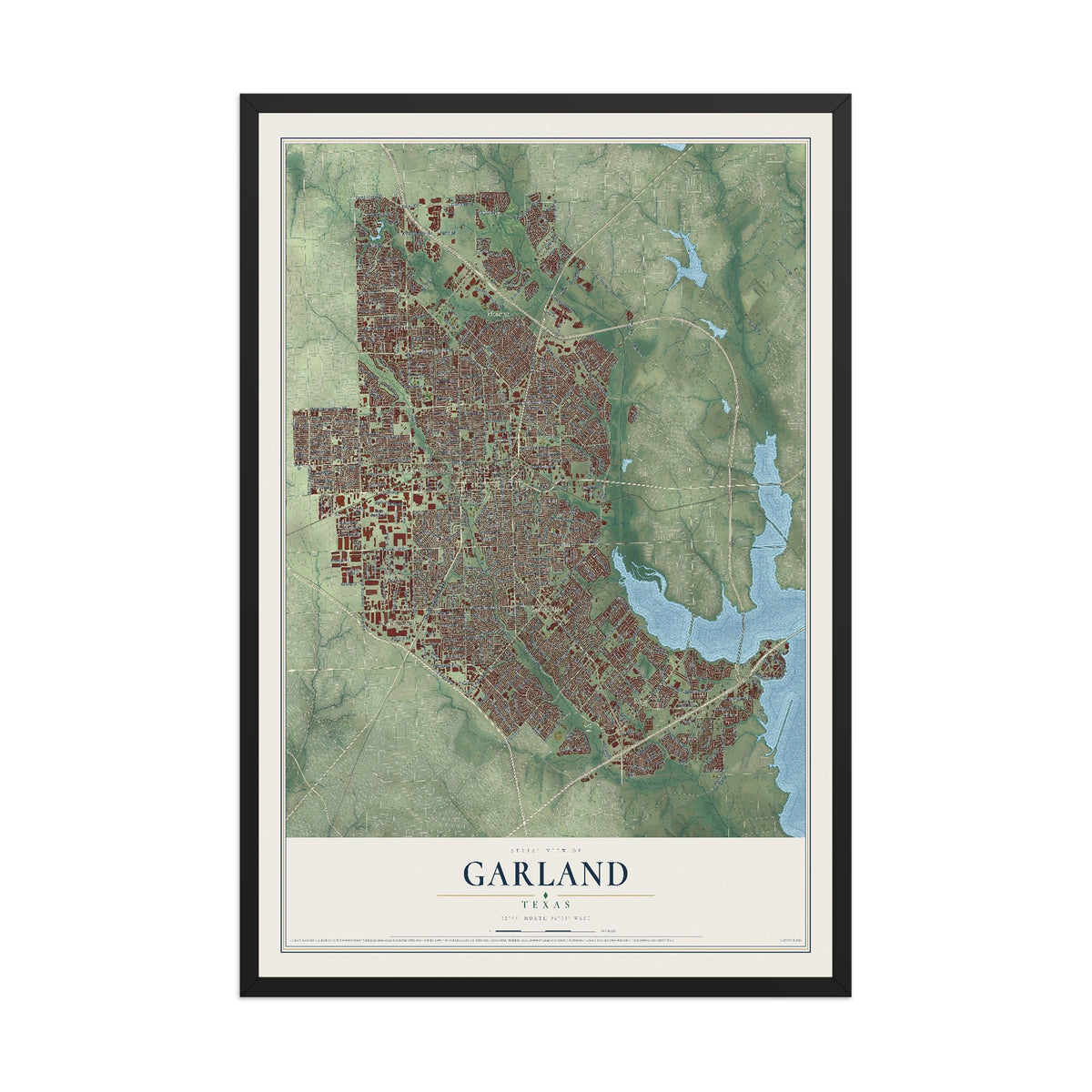 Map of Garland, Texas, 12 x 18 inch print in a black wood frame