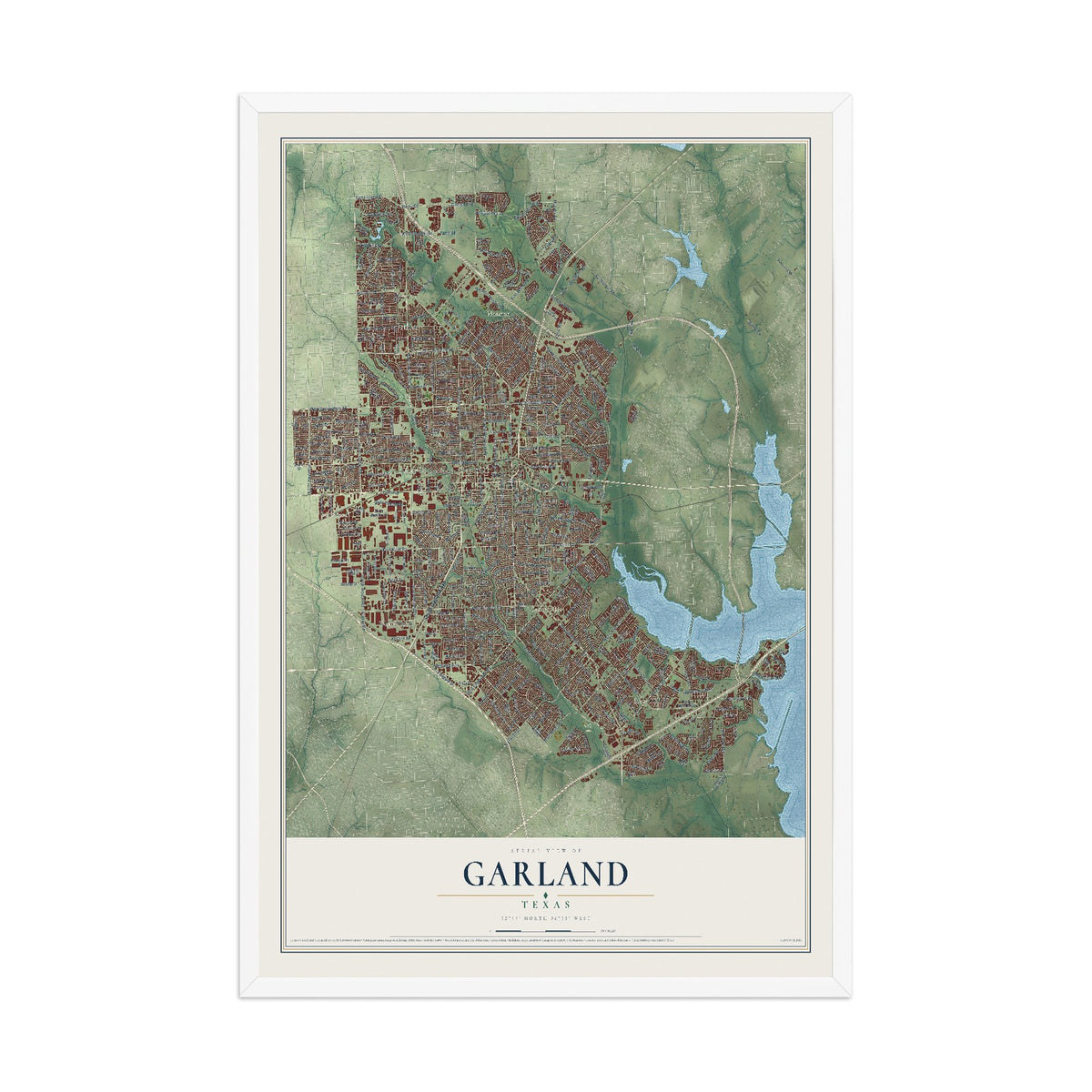 Map of Garland, Texas, 12 x 18 inch print in a white wood frame