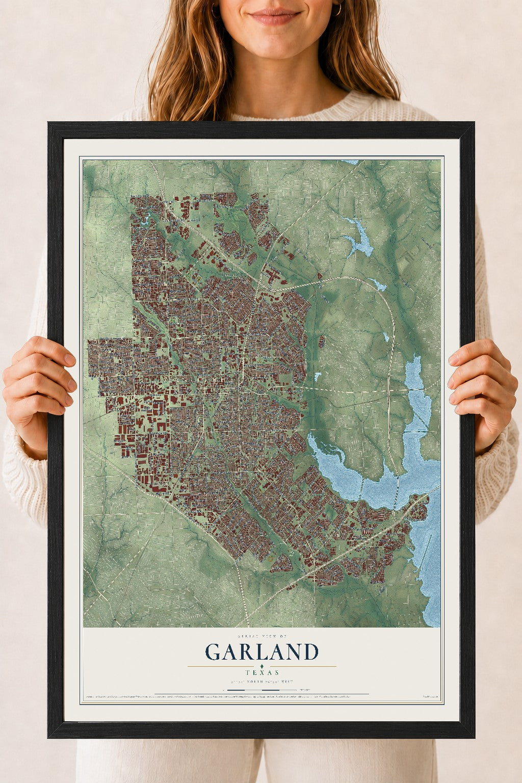 Map of Garland, Texas, 18 x 24 inch print in a black wood frame
