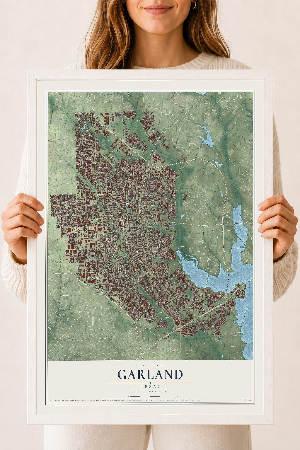 Map of Garland, Texas, 18 x 24 inch print in a white wood frame