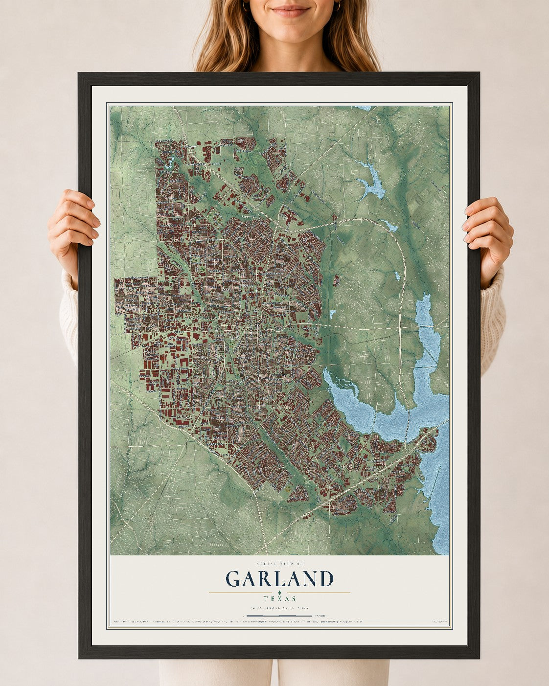 Map of Garland, Texas, 24 x 36 inch print in a black wood frame