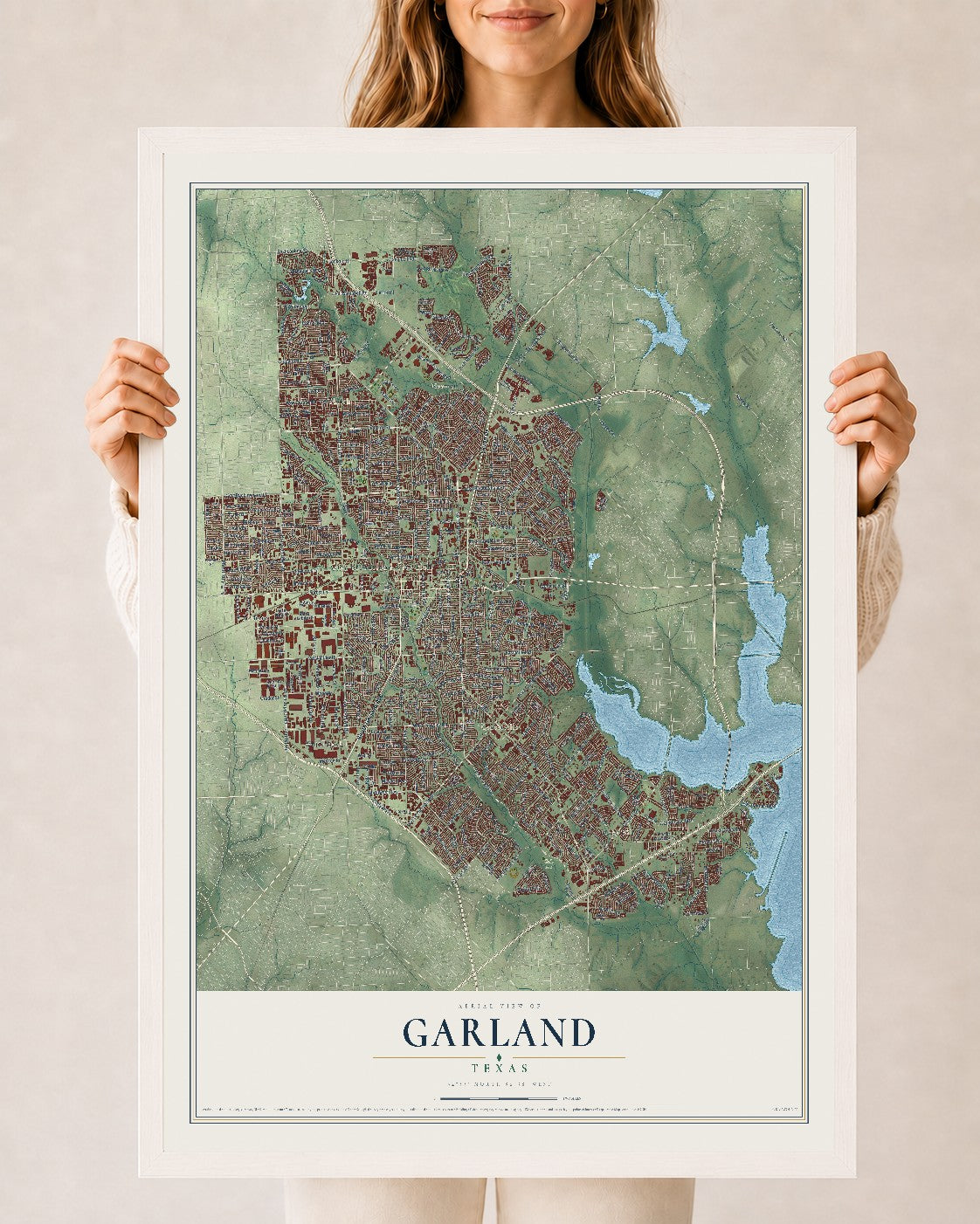 Map of Garland, Texas, 24 x 36 inch print in a white wood frame
