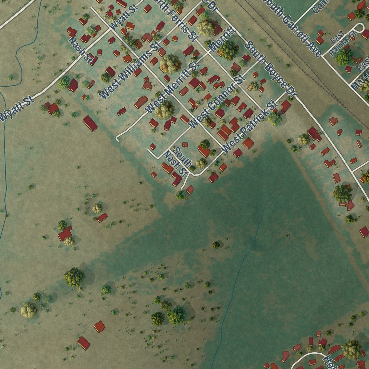 Close-up of the map of Garrett, Texas print showing street and building detail