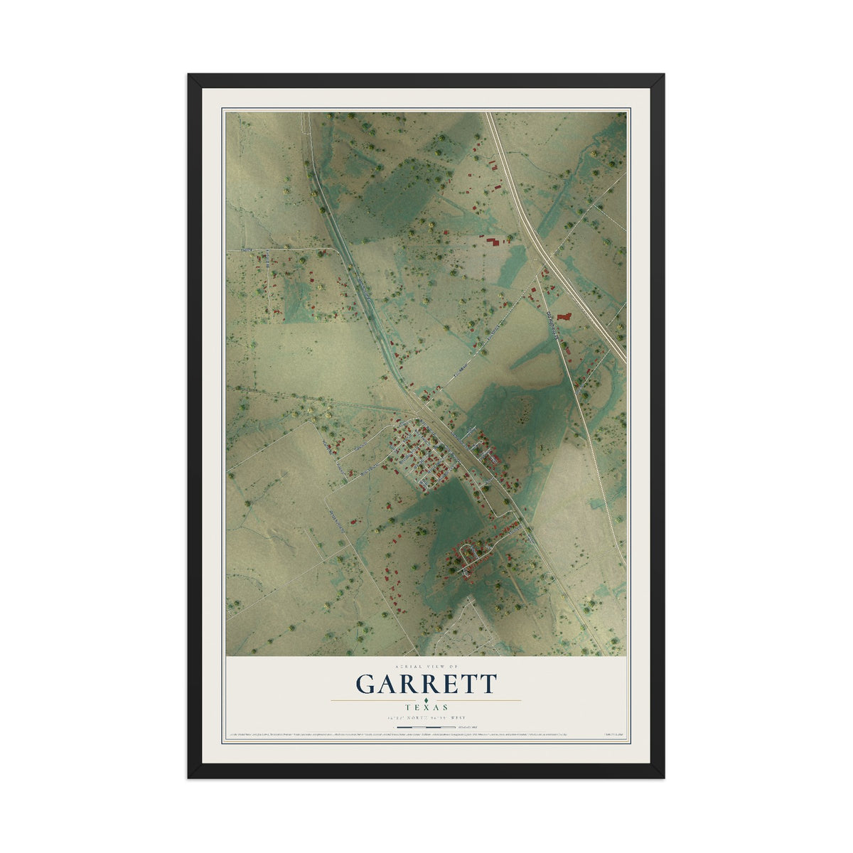 Map of Garrett, Texas, 12 x 18 inch print in a black wood frame