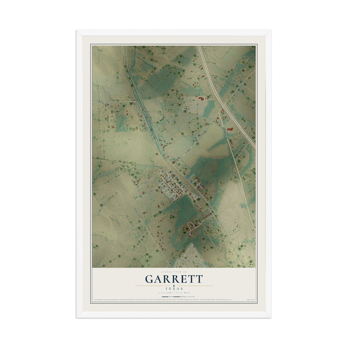 Map of Garrett, Texas, 12 x 18 inch print in a white wood frame
