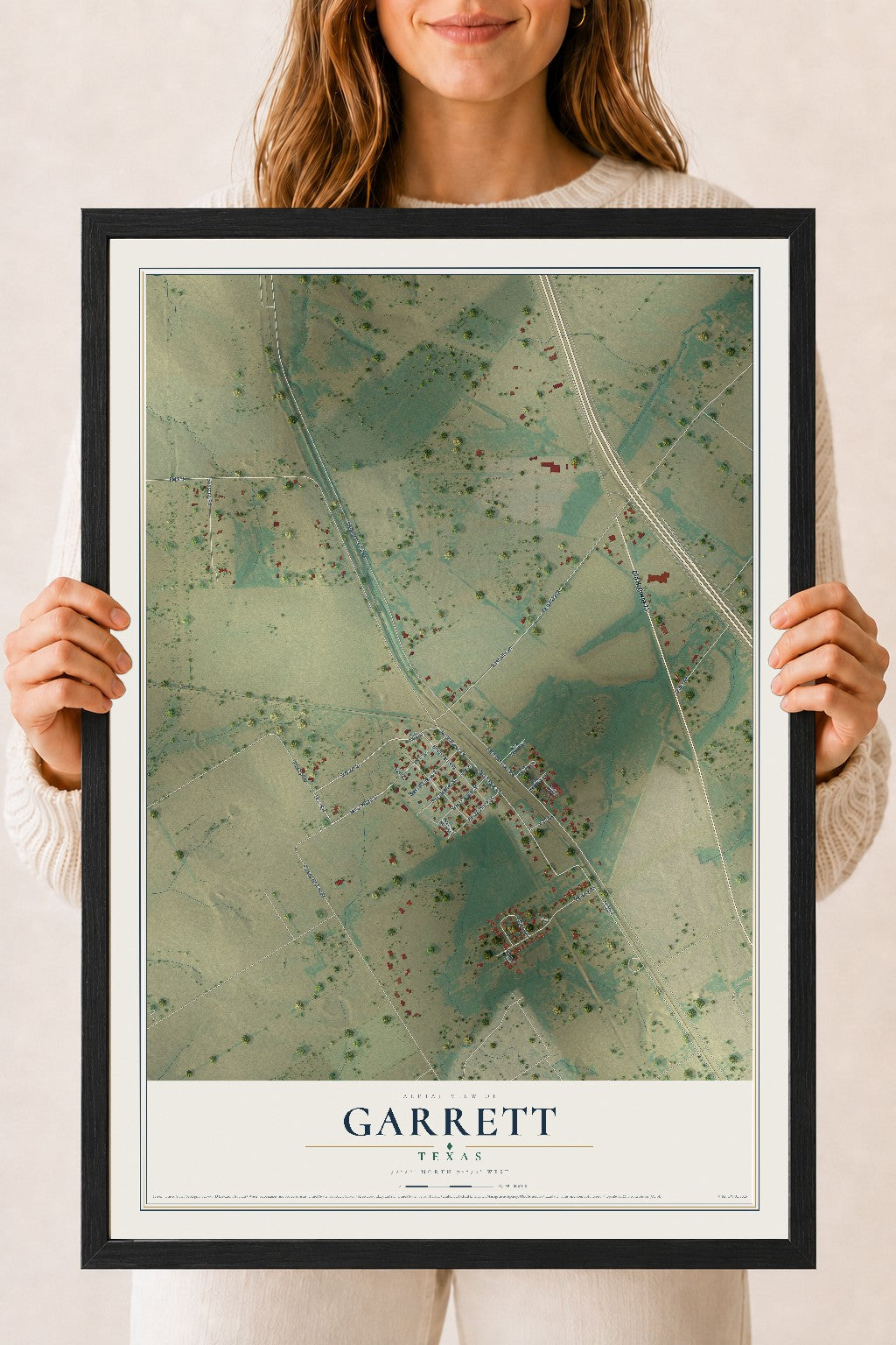 Map of Garrett, Texas, 18 x 24 inch print in a black wood frame