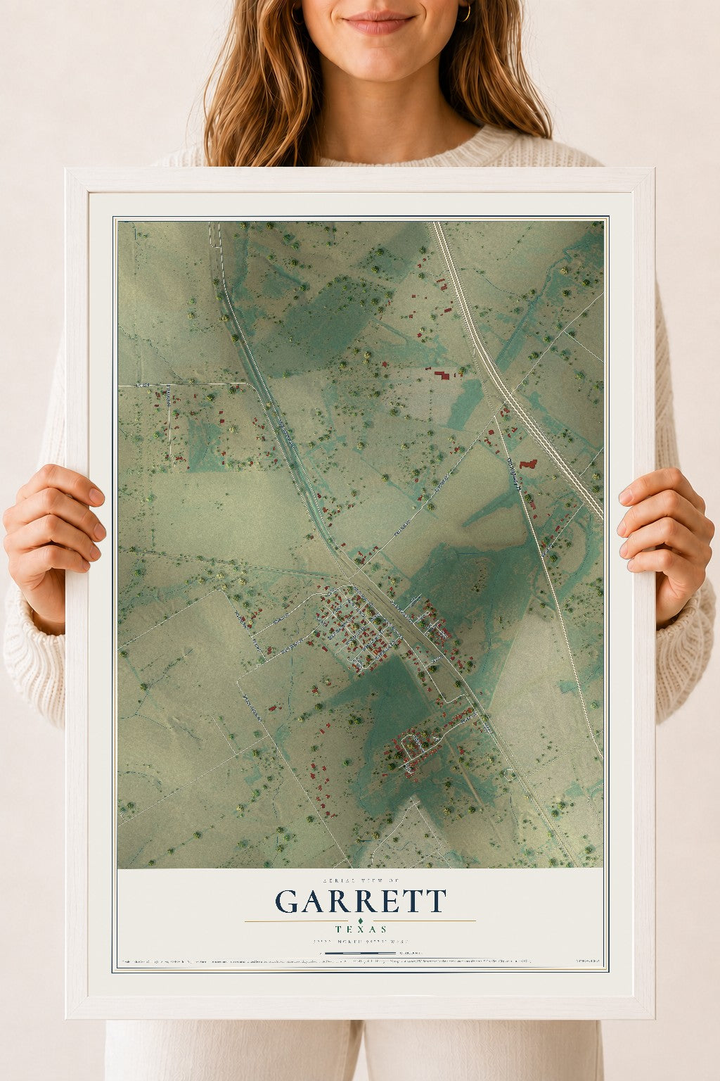 Map of Garrett, Texas, 18 x 24 inch print in a white wood frame