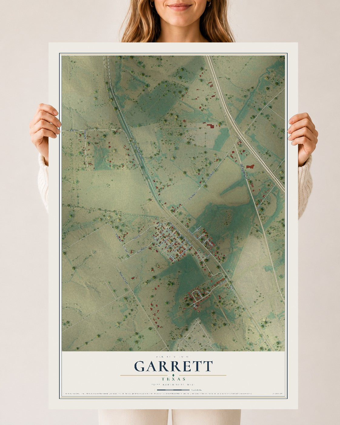 Map of Garrett, Texas, 24 x 36 inch unframed archival matte print