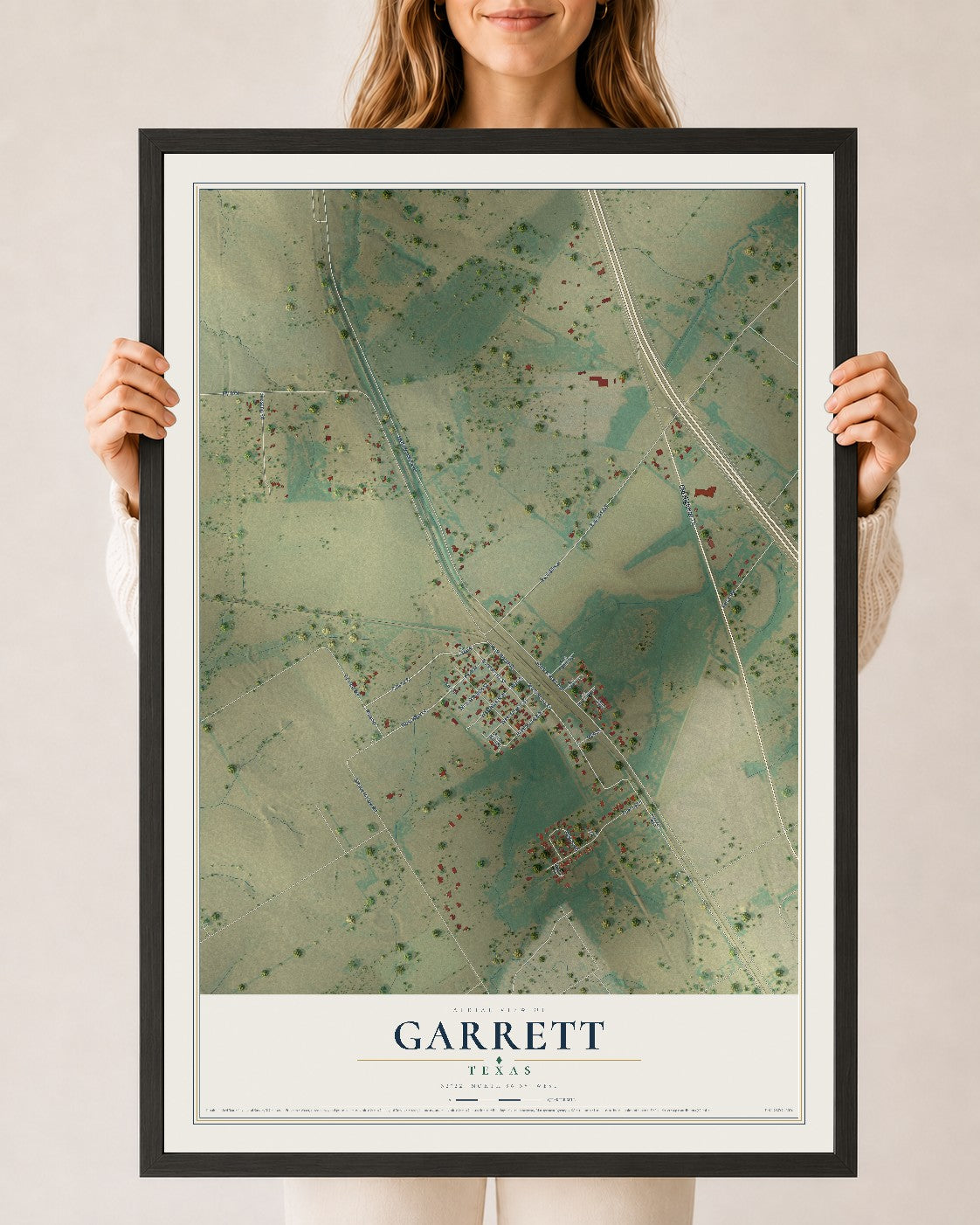 Map of Garrett, Texas, 24 x 36 inch print in a black wood frame