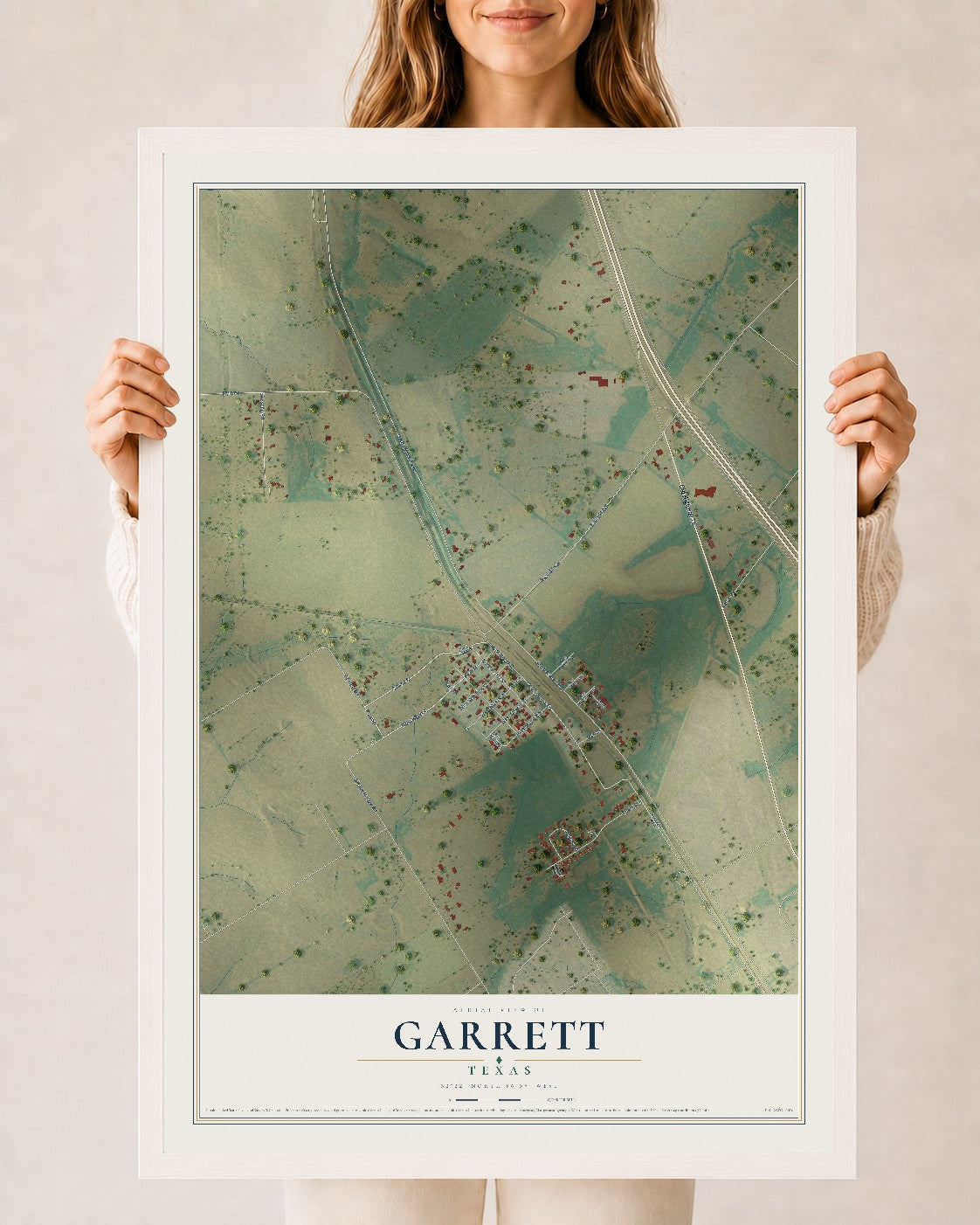 Map of Garrett, Texas, 24 x 36 inch print in a white wood frame