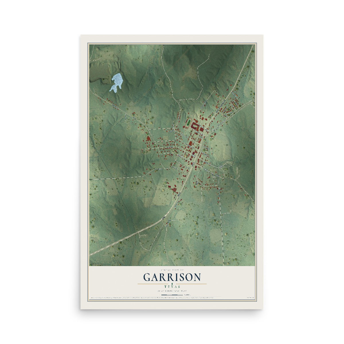 Map of Garrison, Texas, 12 x 18 inch unframed archival matte print