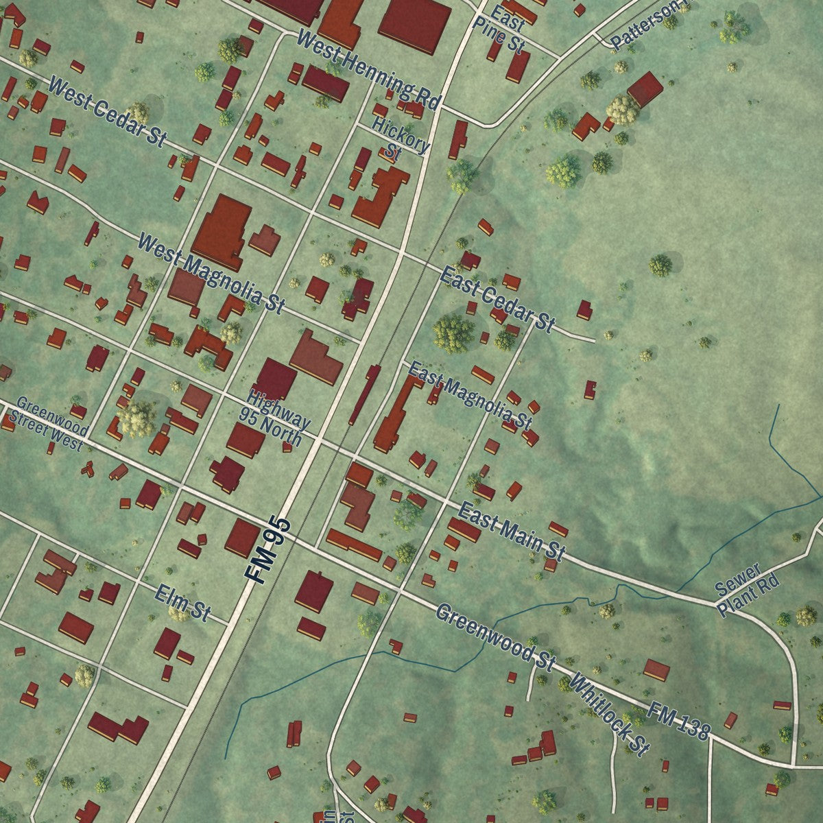 Close-up of the map of Garrison, Texas print showing street and building detail
