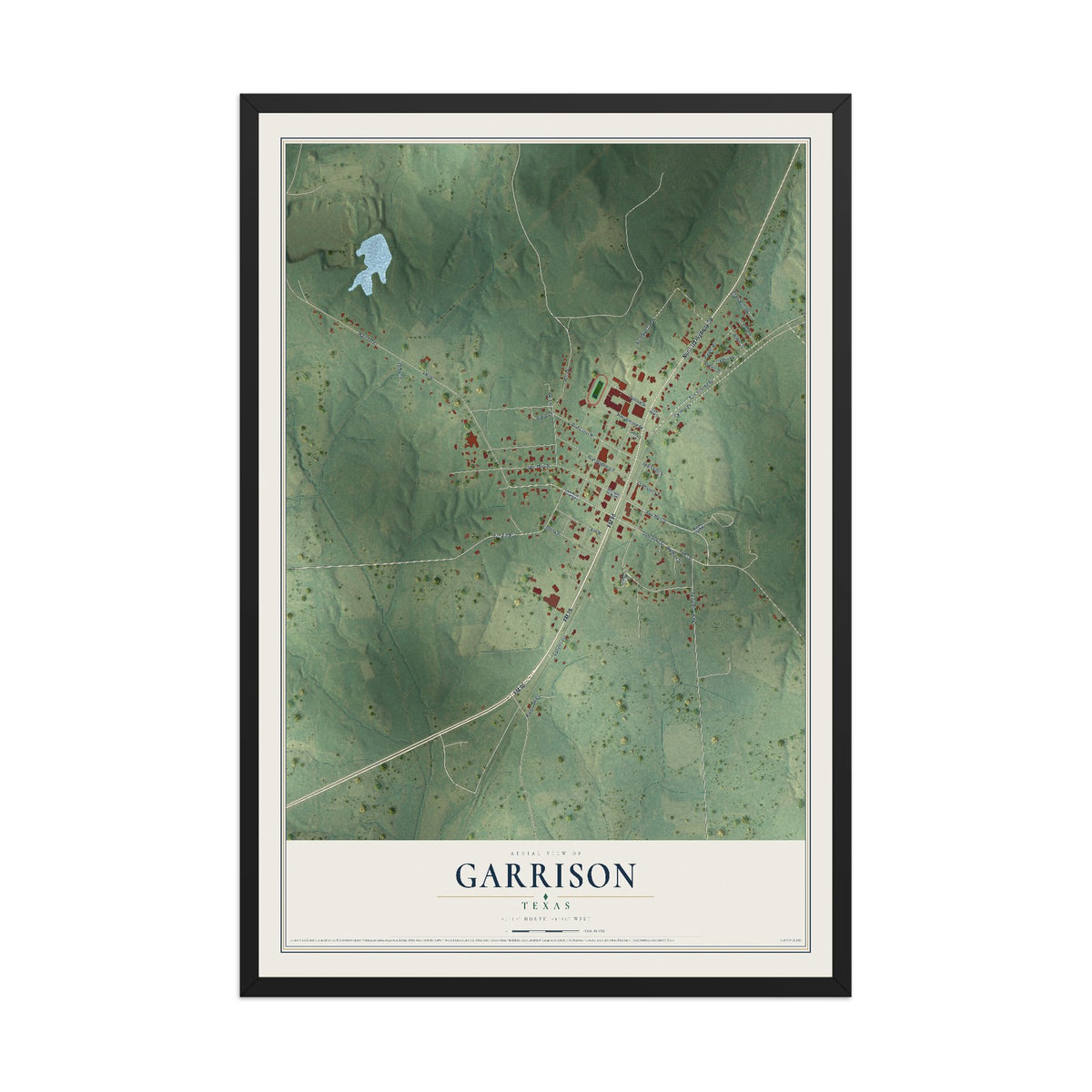 Map of Garrison, Texas, 12 x 18 inch print in a black wood frame