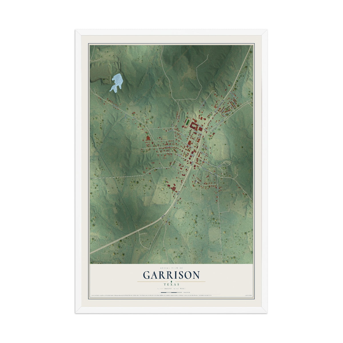 Map of Garrison, Texas, 12 x 18 inch print in a white wood frame