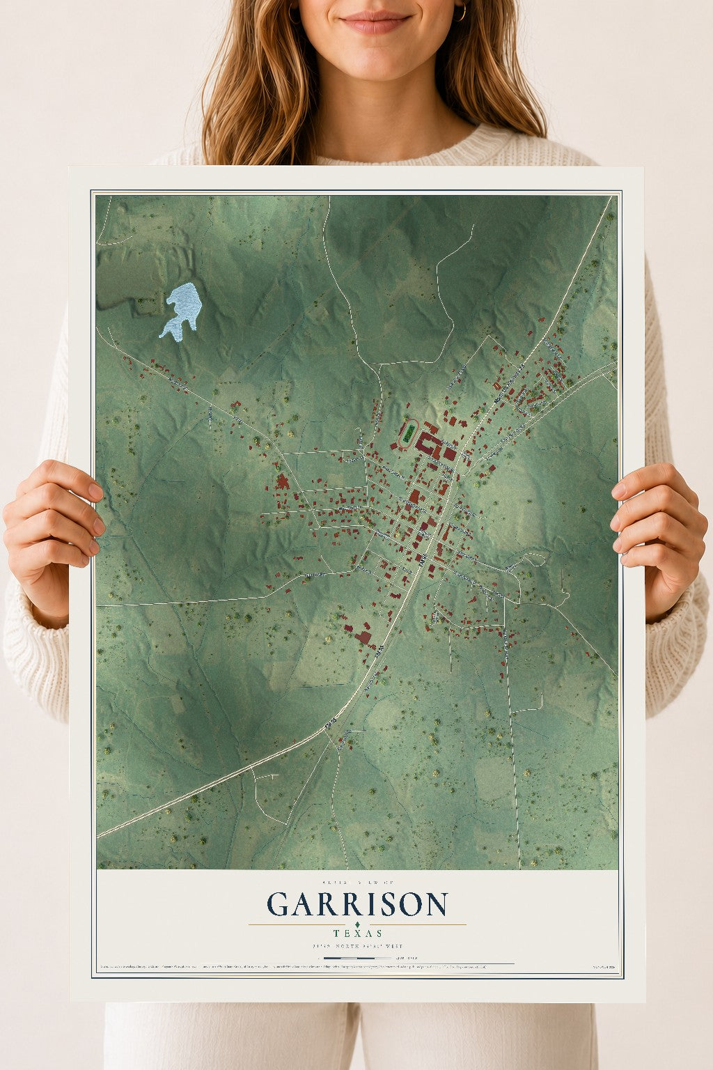Map of Garrison, Texas, 18 x 24 inch unframed archival matte print