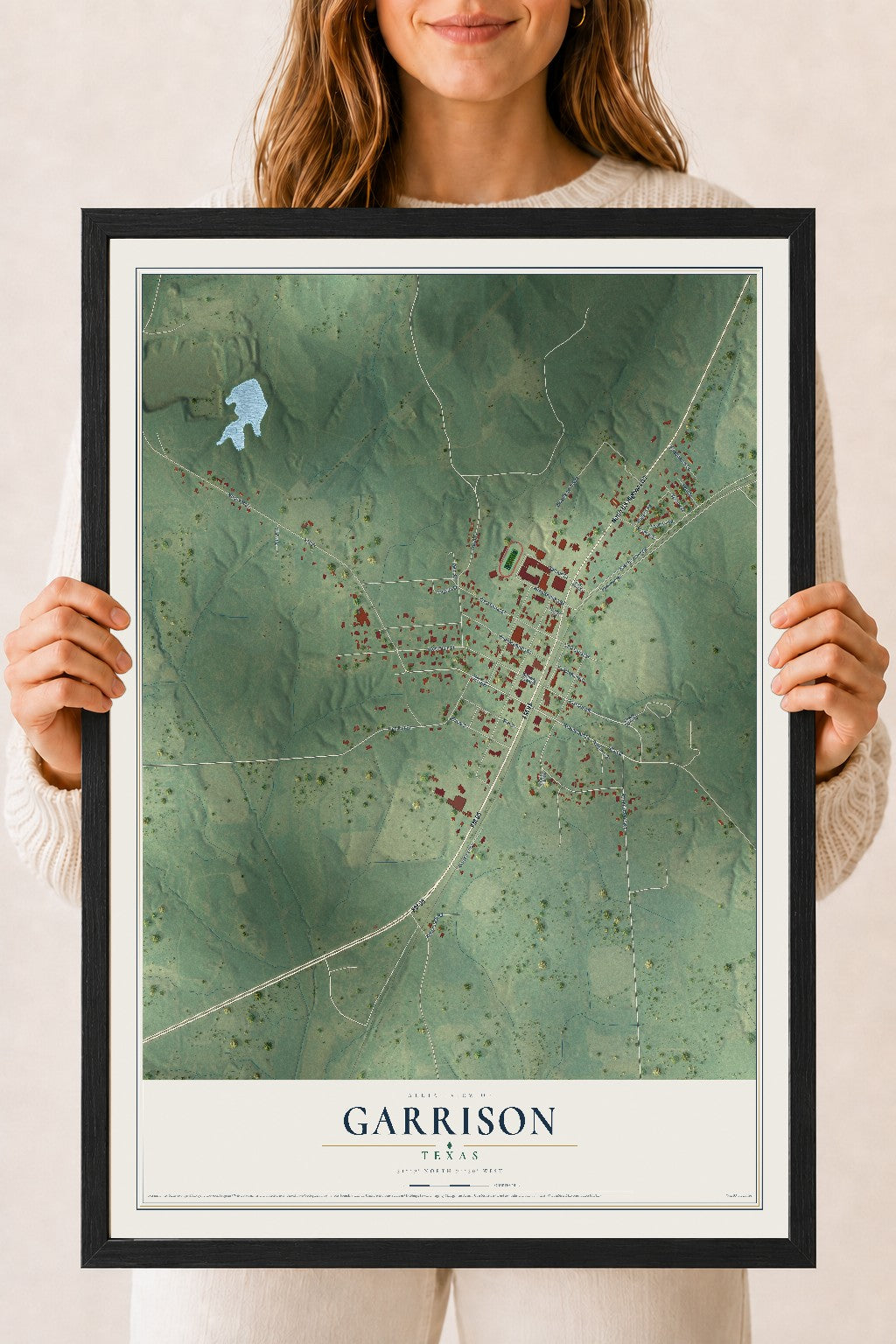 Map of Garrison, Texas, 18 x 24 inch print in a black wood frame