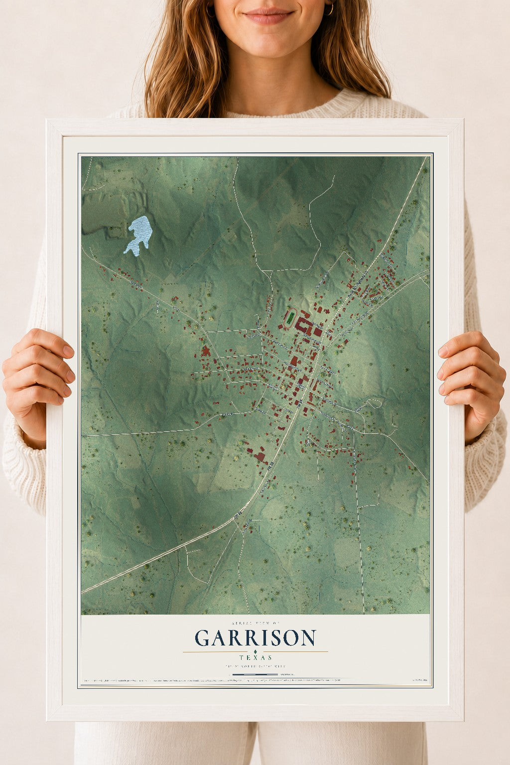 Map of Garrison, Texas, 18 x 24 inch print in a white wood frame
