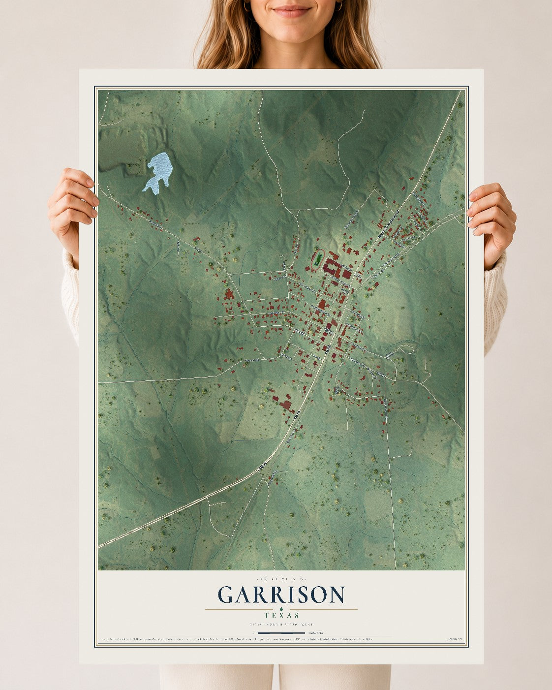 Map of Garrison, Texas, 24 x 36 inch unframed archival matte print