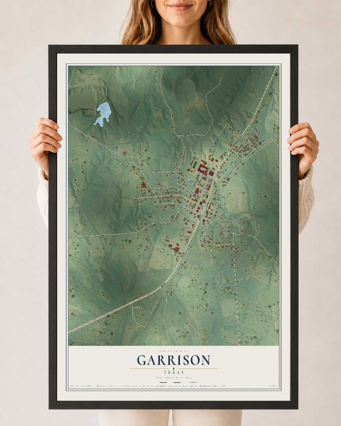 Map of Garrison, Texas, 24 x 36 inch print in a black wood frame