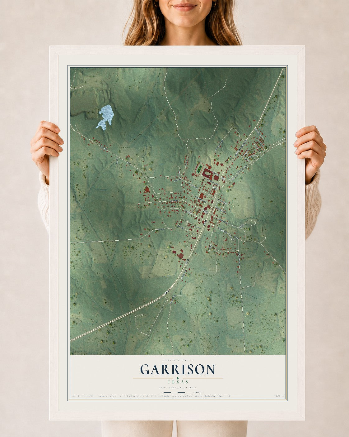 Map of Garrison, Texas, 24 x 36 inch print in a white wood frame