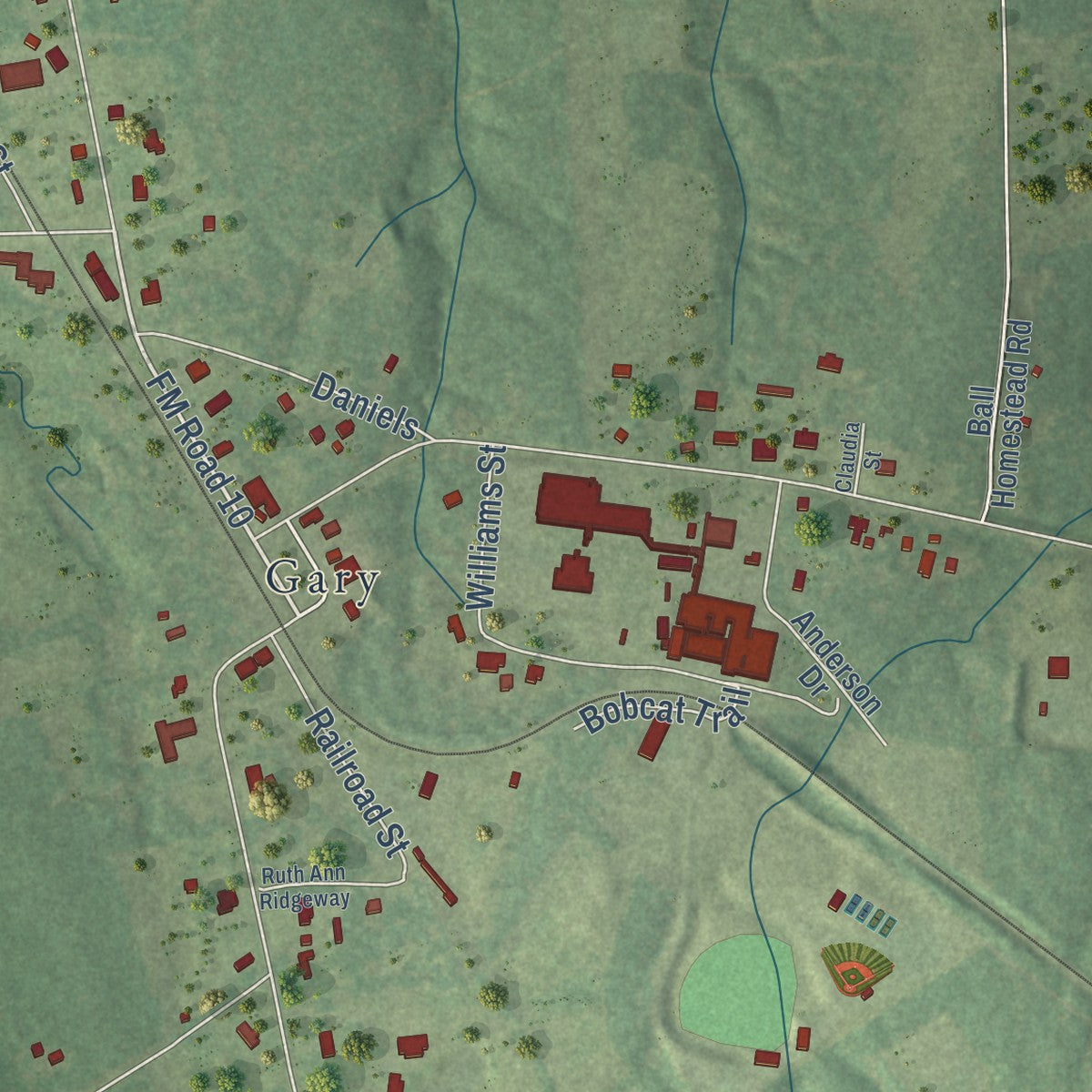Close-up of the map of Gary City, Texas print showing street and building detail