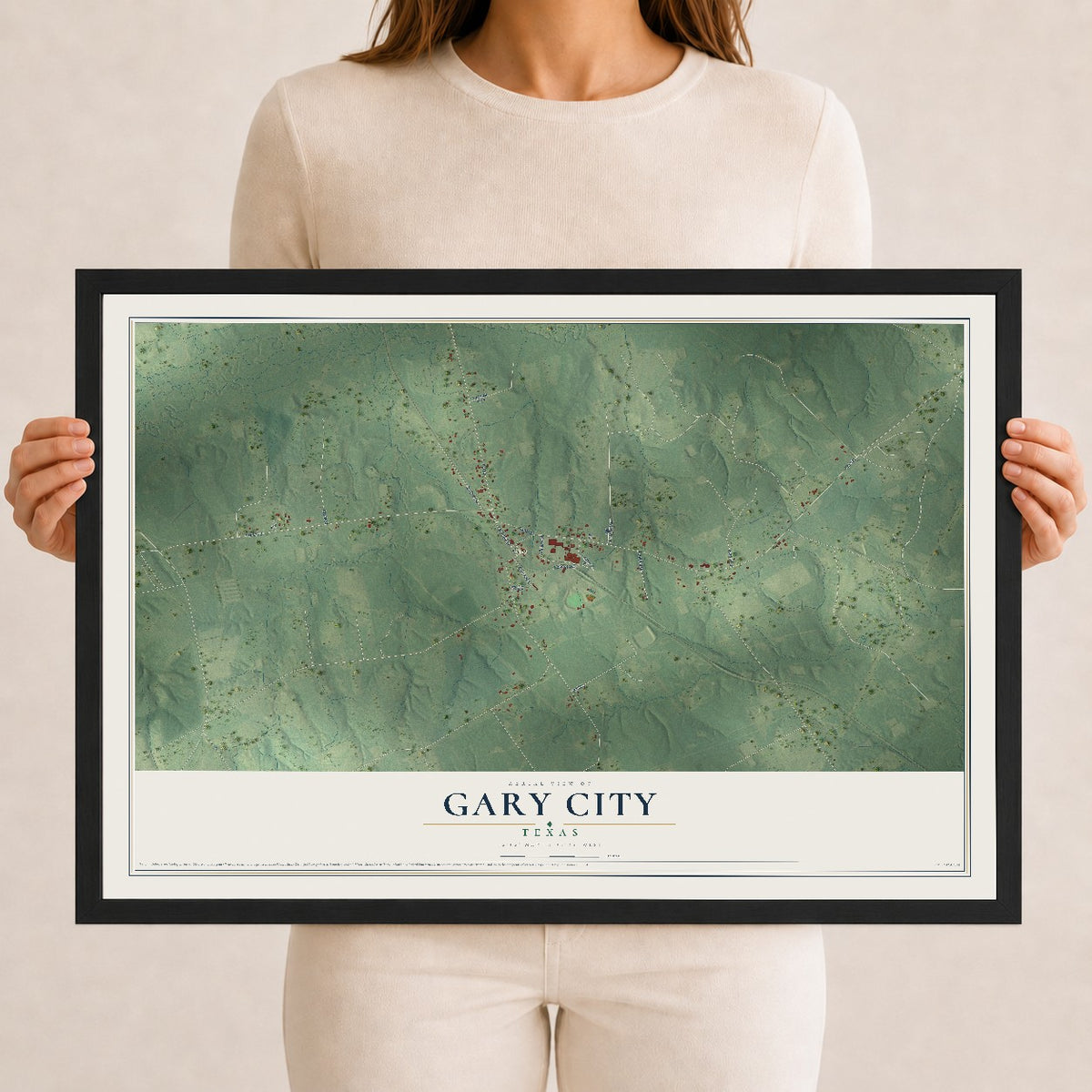 Map of Gary City, Texas, 12 x 18 inch print in a black wood frame