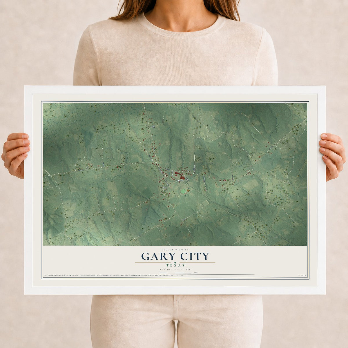 Map of Gary City, Texas, 12 x 18 inch print in a white wood frame