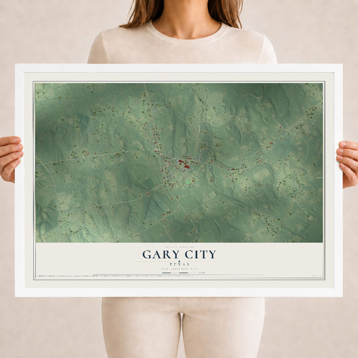 Map of Gary City, Texas, 18 x 24 inch print in a white wood frame