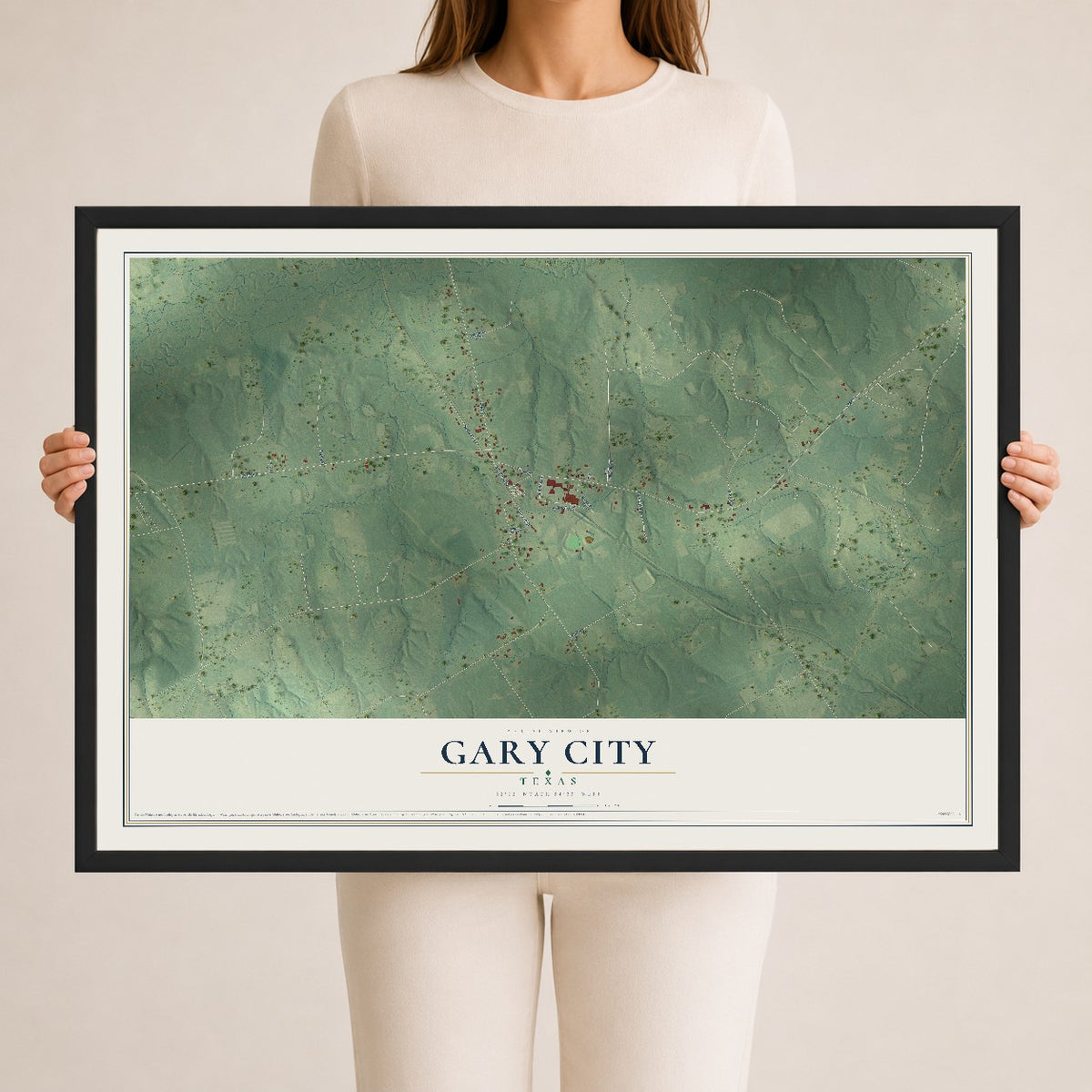 Map of Gary City, Texas, 24 x 36 inch print in a black wood frame